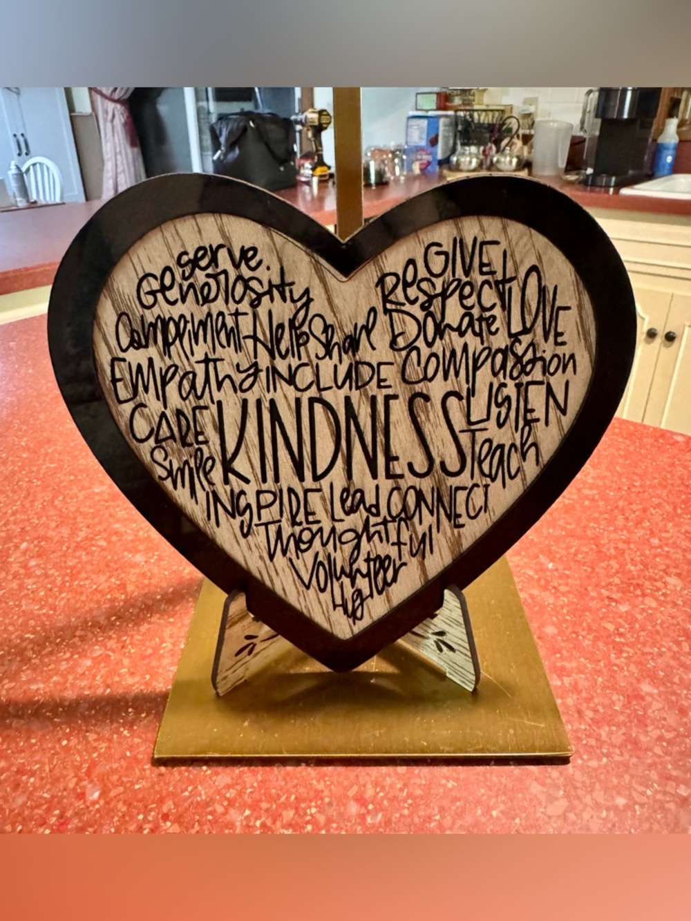 Hand crafted by me Wood engraved framed Heart “Kind” sign when matching stand